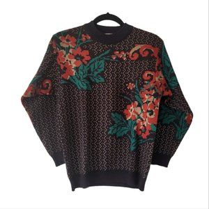 LION Vintage 80s Floral High Neck Long Sleeve Knit Sweater